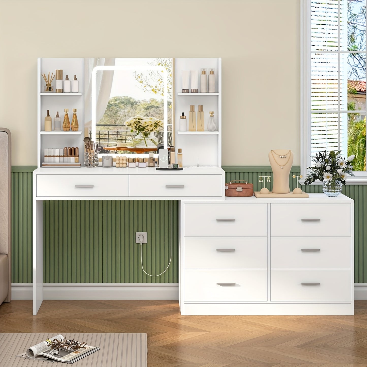 Toilettafel – Kaptafel – Make-up Tafel – Opmaaktafel – Hoekmake-uptafel – Verlichte Spiegel – Ingebouwd Stopcontact – 8 Laden – Ruim Werkblad – Wit – Eenvoudige Montage
