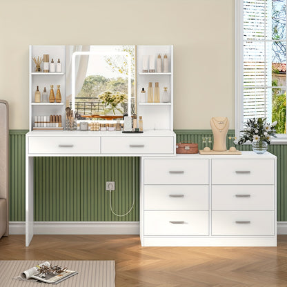 Toilettafel – Kaptafel – Make-up Tafel – Opmaaktafel – Hoekmake-uptafel – Verlichte Spiegel – Ingebouwd Stopcontact – 8 Laden – Ruim Werkblad – Wit – Eenvoudige Montage