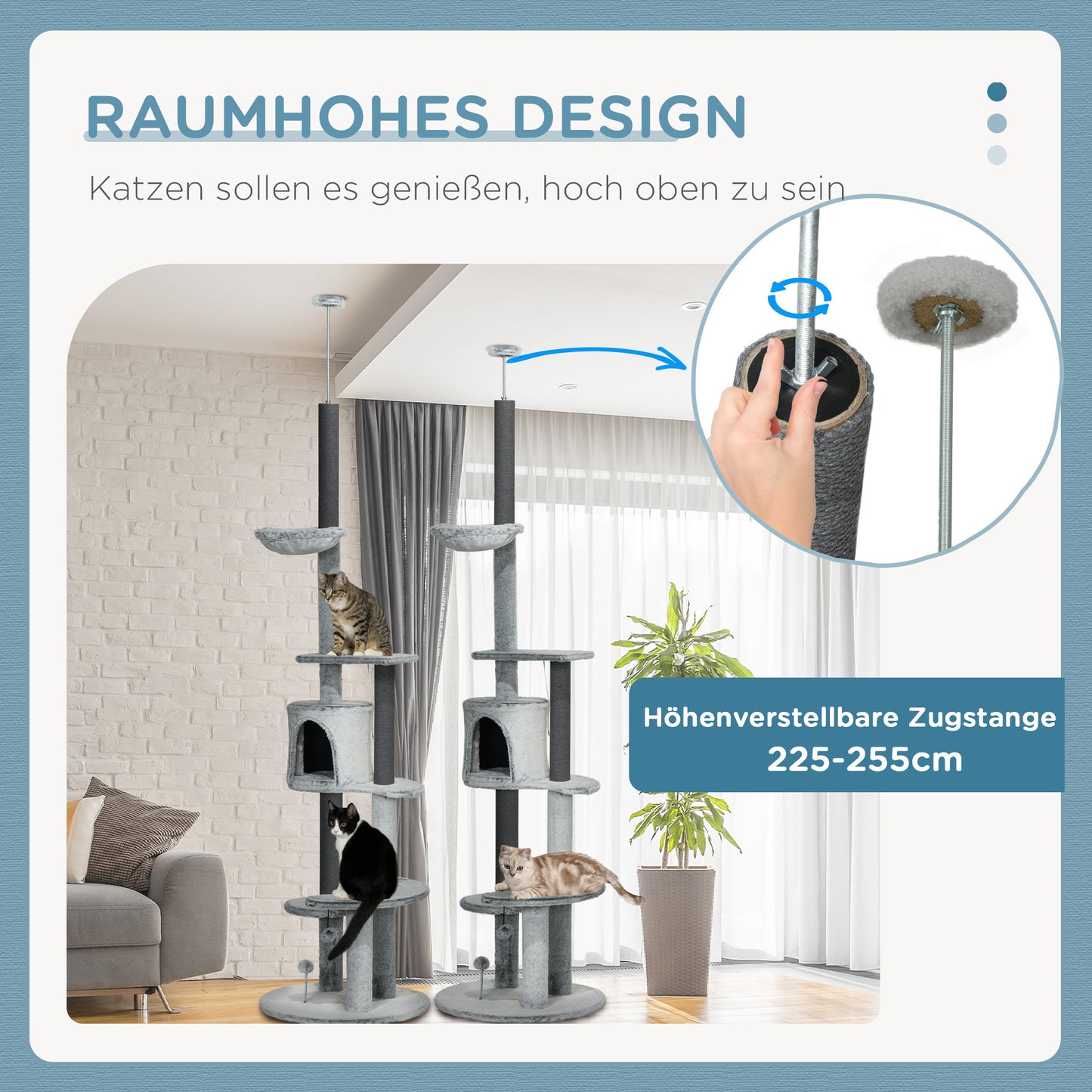 Krabpaal – Kattenboom – Klimpaal – Speelpaal – Hangmat – Grijs – Verstelbare Hoogte 225-255 cm – Stevige Plafondsteun