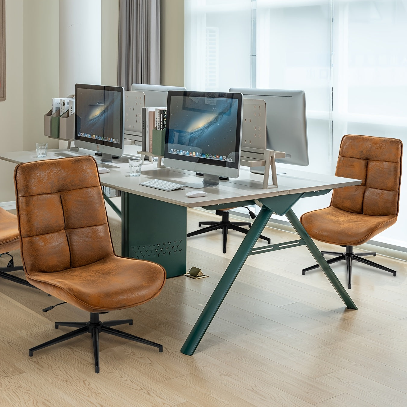 MEUBLES COSY Office Chair Without Armrests with Adjustable Height And Swivel Vintage Style Steel Legs Brown Fabric Covering
