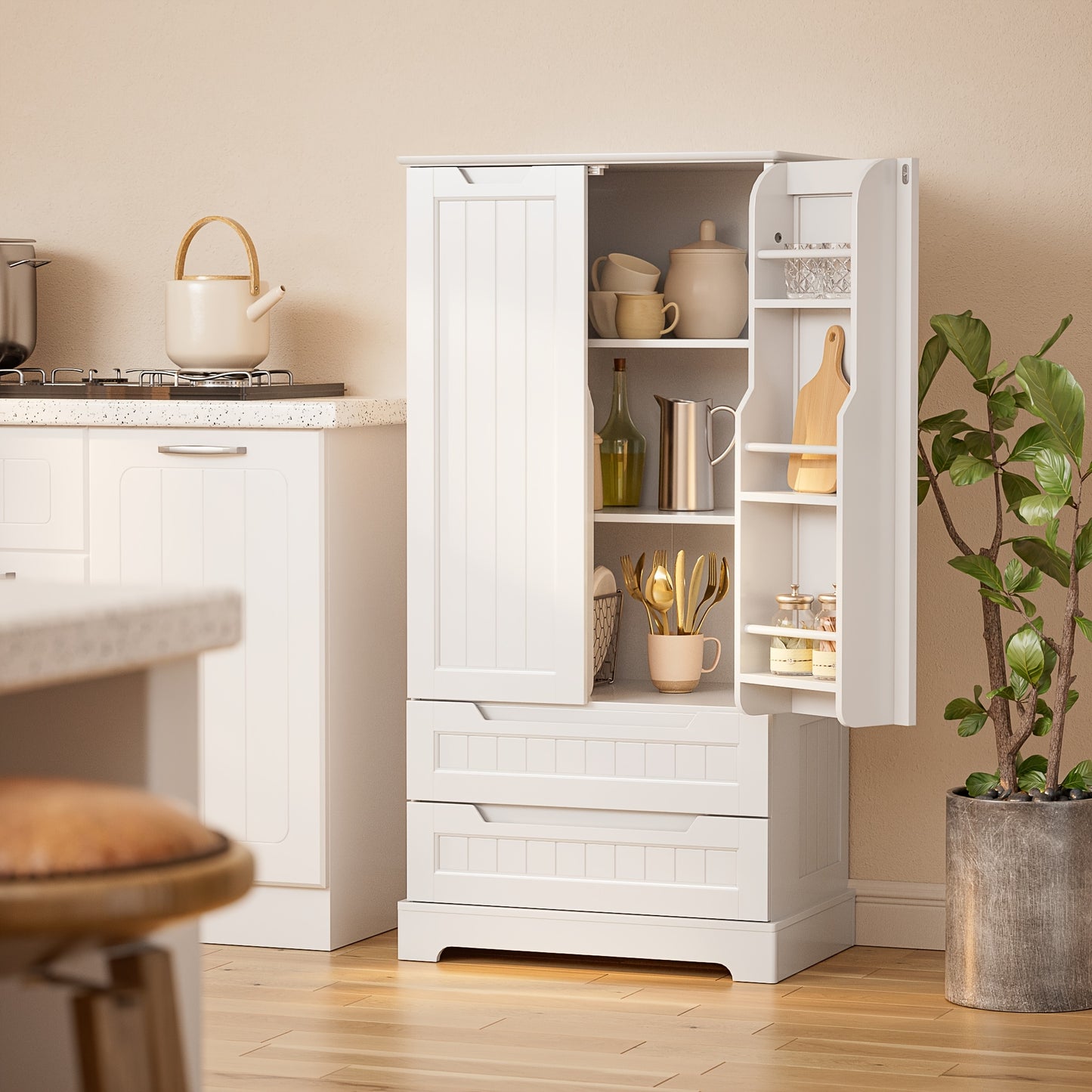 Keukenkast – Opbergkast – Keukenonderkast – Buffetkast – Organizer – Waterbestendig – Kantelbeveiliging – 2 Laden – 2 Deuren – Verstelbare Planken – Wit