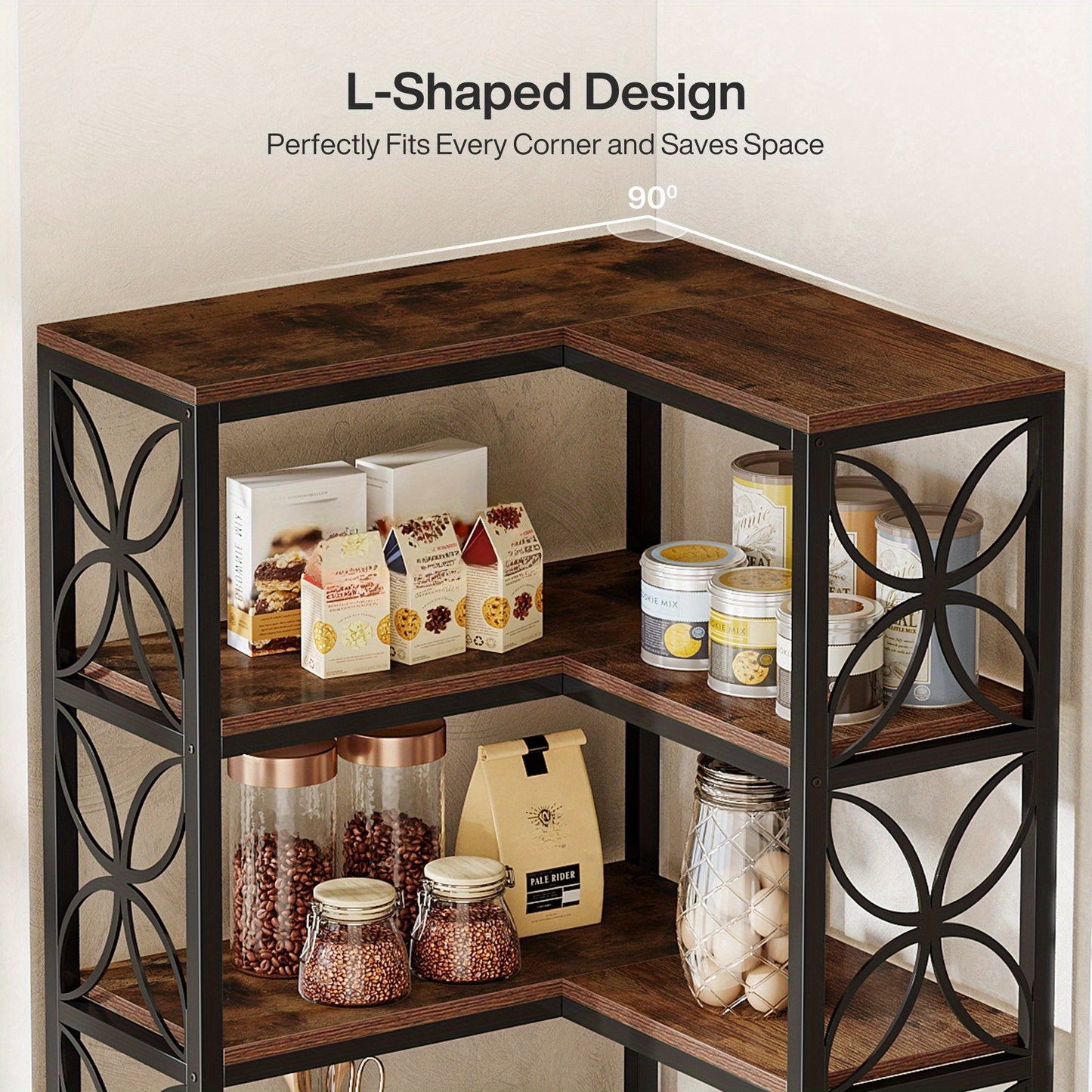 79-Inch Tall 7-Tier L-Shaped Corner Bookcase with Metal Frame - Heavy-Duty Freestanding Storage Shelf, Space-Saving Curved Design, Engineered Wood & Metal Construction, Contemporary Modern Style in Rustic Brown & Black for Li