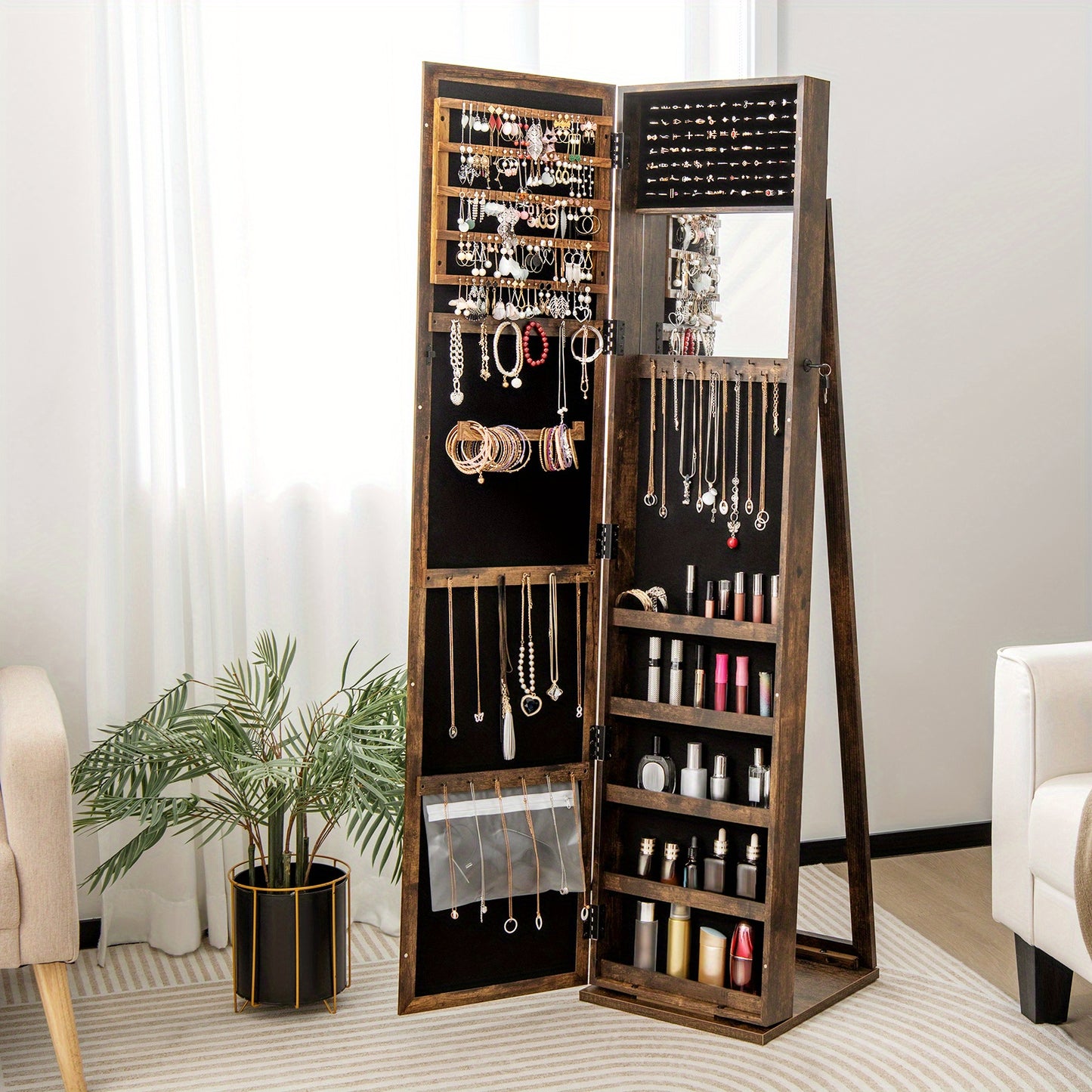 Sieradenkast – Spiegelkast – Juwelenkast – Opbergkast – Sieradenorganizer – Vrijstaand met slot – Antiek bruin MDF design – Volledige spiegel en make-upspiegel – Ruime opbergruimte met haakjes en planken – Stevige constructie