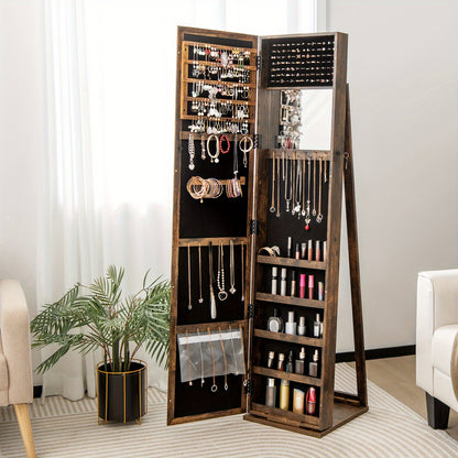 Sieradenkast – Spiegelkast – Juwelenkast – Opbergkast – Sieradenorganizer – Vrijstaand met slot – Antiek bruin MDF design – Volledige spiegel en make-upspiegel – Ruime opbergruimte met haakjes en planken – Stevige constructie