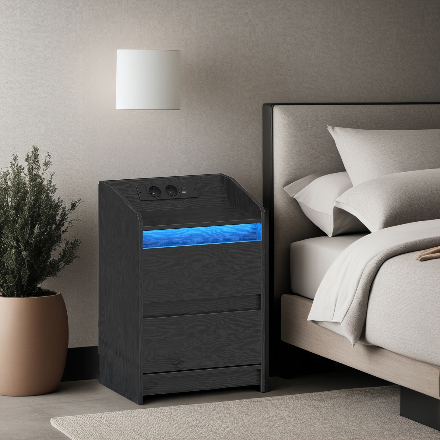 Nachtkastje – Ladekast – Bijzettafel – Opbergkast – Bedkast – Set van 2 – 2 Lades Per Kastje – Inclusief USB Stopcontacten – Zwart Hout – 35x40x58 cm