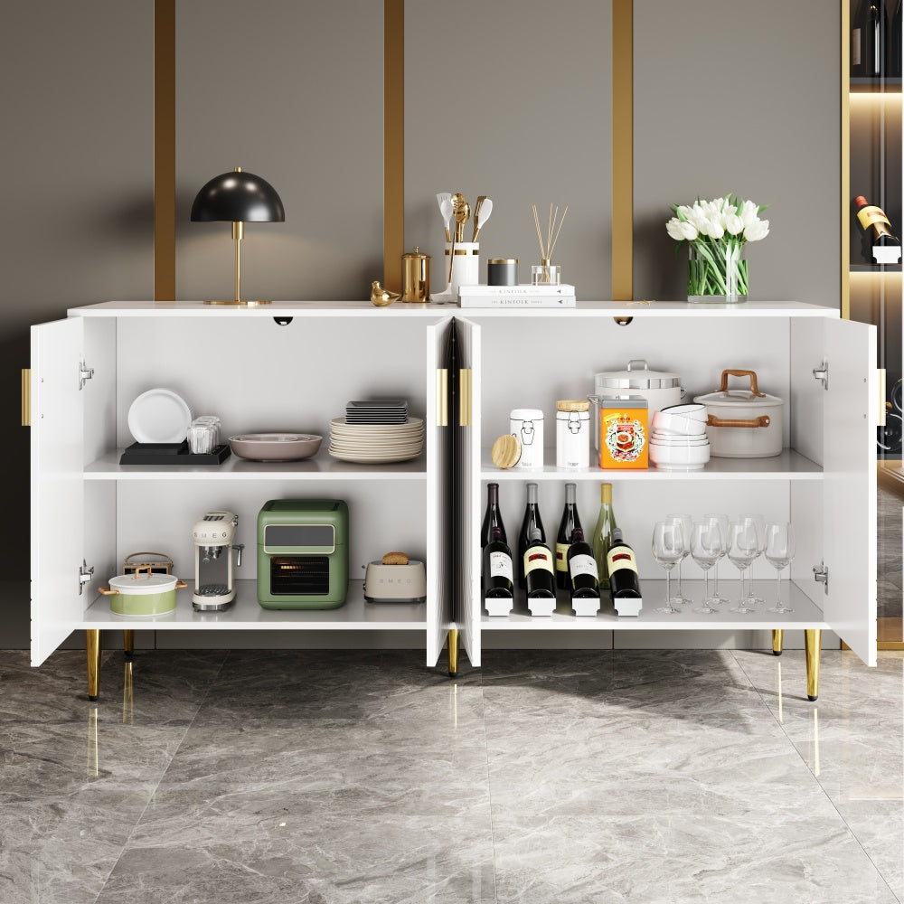 Wit Sideboard – Dressoir – Buffetkast – Opbergkast – Eetkamerkast – Uniek Golf Design – Gouden Handgrepen en Poten – 152 x 40 x 75 cm – Multifunctionele Opbergruimte