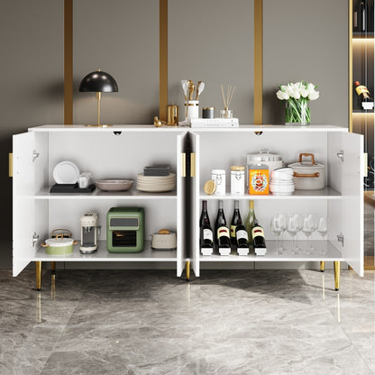 Wit Sideboard – Dressoir – Buffetkast – Opbergkast – Eetkamerkast – Uniek Golf Design – Gouden Handgrepen en Poten – 152 x 40 x 75 cm – Multifunctionele Opbergruimte