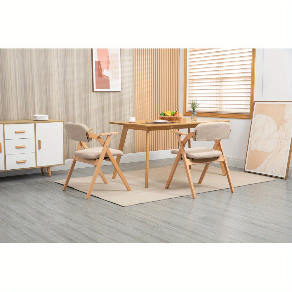 Inklapbare Stoelen – Vouwstoelen – Opvouwbare Stoelen – Stapelstoelen – Eetkamerstoelen – Houten Frame – Beige Stoffen Zitting – Met Armleuningen – Set Van 2