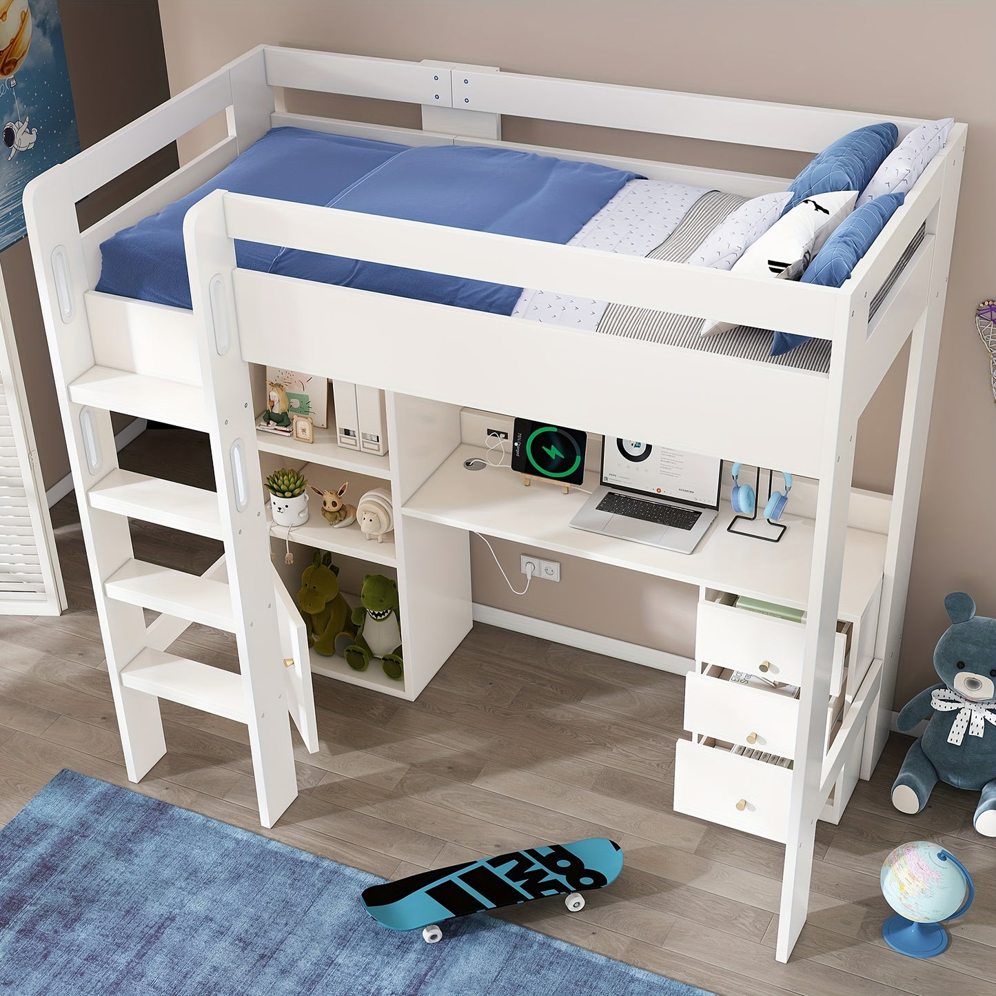 Loft Bed, Desk, Wardrobe And Filing Cabinet with Stairs And Slatted Shelves, Storage Space, 90 X 200, Mattress Not Included