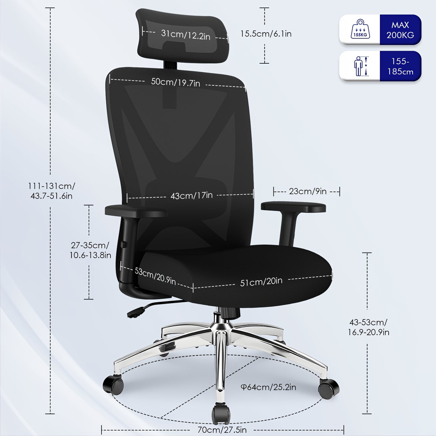 Bureaustoel – Ergonomische Stoel – Office Chair – Bureau Stoel – Gaming Stoel – Verstelbare Armleuningen – Lendensteun & Hoofdsteun – Draaibaar – Tot 200 Kg