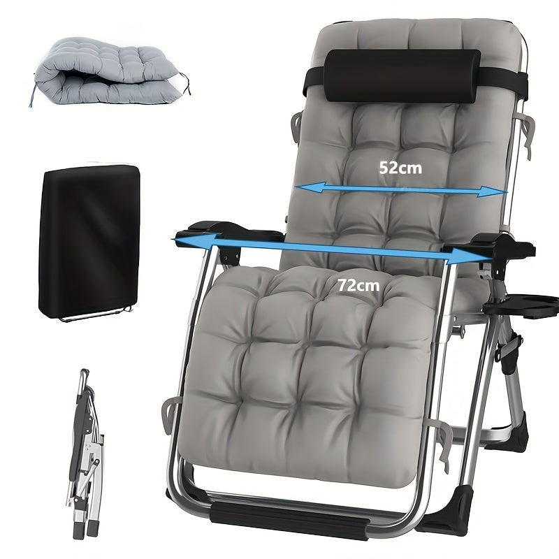 Lounge Stoel – Inklapbare Tuinstoel – Campingstoel – Relaxstoel – Balkonstoel – Verstelbare Rugleuning – Stevig IJzeren Frame – 72 cm Zilverkleurig – Afneembare Kussens – Inclusief Hoofdsteun en Tray Tafel