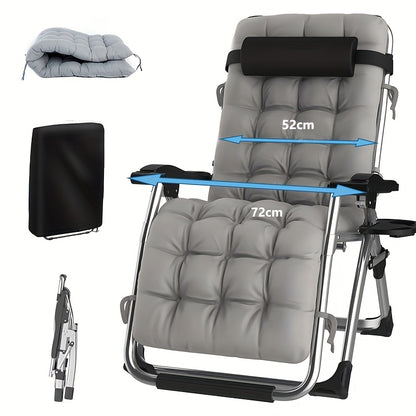 Lounge Stoel – Inklapbare Tuinstoel – Campingstoel – Relaxstoel – Balkonstoel – Verstelbare Rugleuning – Stevig IJzeren Frame – 72 cm Zilverkleurig – Afneembare Kussens – Inclusief Hoofdsteun en Tray Tafel