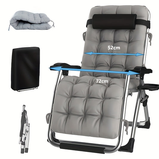 Lounge Stoel – Inklapbare Tuinstoel – Campingstoel – Relaxstoel – Balkonstoel – Verstelbare Rugleuning – Stevig IJzeren Frame – 72 cm Zilverkleurig – Afneembare Kussens – Inclusief Hoofdsteun en Tray Tafel