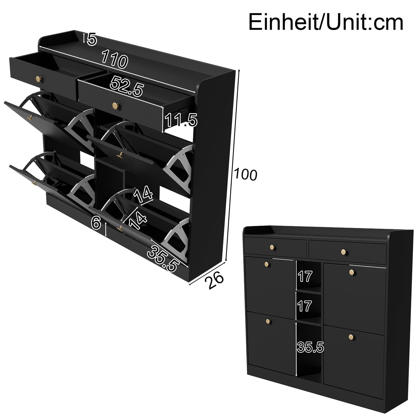 Schoenenkast – Schoenenopberger – Schoenenrek – Schoenenmeubel – Schoenenkast Zwart – Compact Ontwerp 110x26x100 cm – Vier Klepdeuren Met Lades