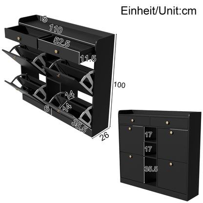 Schoenenkast – Schoenenopberger – Schoenenrek – Schoenenmeubel – Schoenenkast Zwart – Compact Ontwerp 110x26x100 cm – Vier Klepdeuren Met Lades