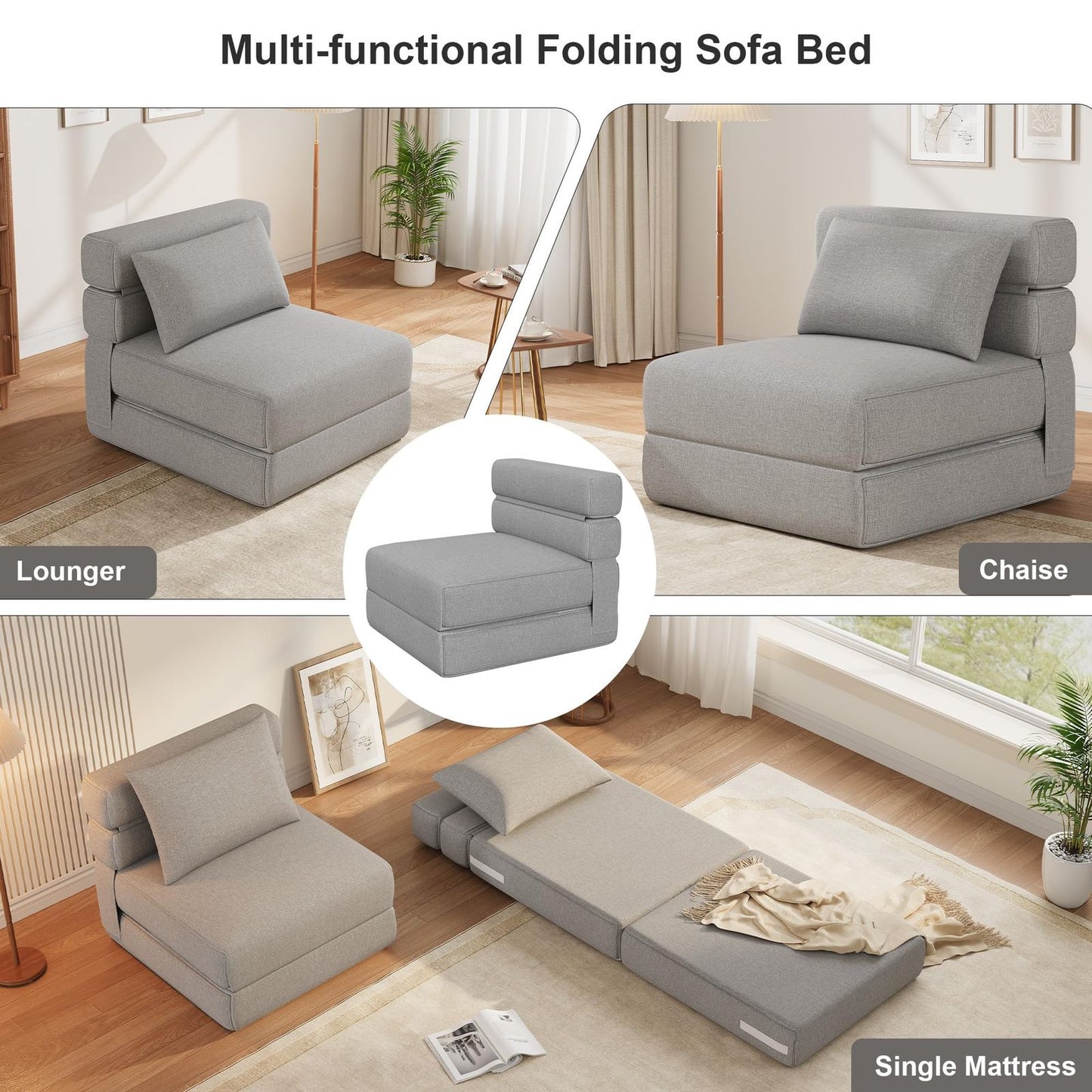 Slaapbank – Slaapstoel – Bedbank – Slaapfauteuil – Logeerbed – Traagschuim – Opvouwbaar & Ruimtebesparend – Lichtgrijs