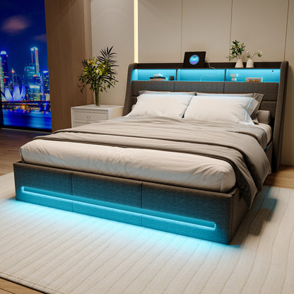 Gestoffeerd Tweepersoonsbed 160x200 – Opbergbed – Ladebed – Slaapbank – Bedframe – Hydraulische Opbergruimte – Grijs Linnen – Stevig Stalen Frame