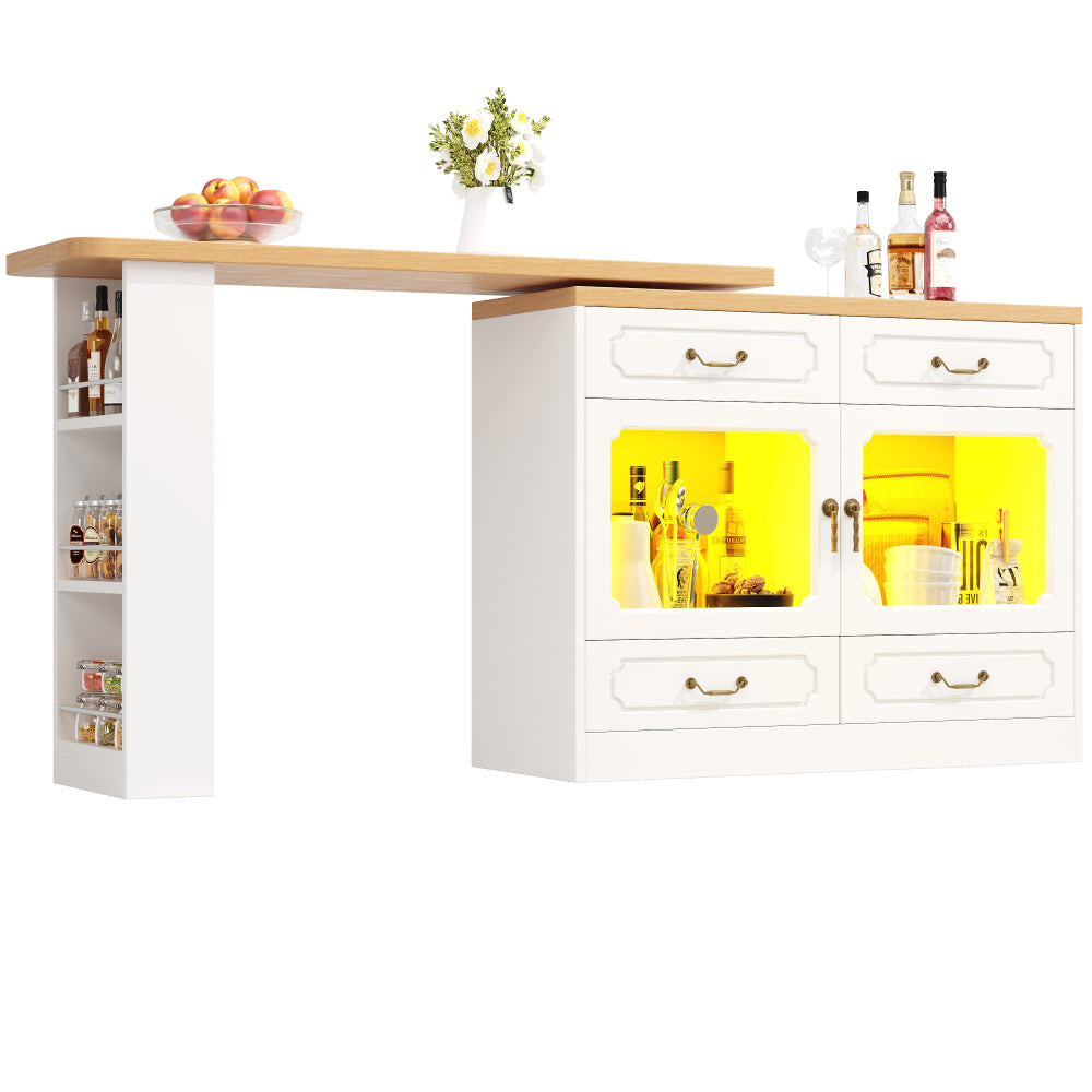 Uitschuifbare Bartafel – Barmeubel – Hoogtafel – Drinktafel – Bistrotafel – 360° Draaibaar Blad – Ruime Opbergruimte – Modern Wit Metaal & Glas – Compact & Verstelbaar 135-203 cm
