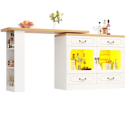 Uitschuifbare Bartafel – Barmeubel – Hoogtafel – Drinktafel – Bistrotafel – 360° Draaibaar Blad – Ruime Opbergruimte – Modern Wit Metaal & Glas – Compact & Verstelbaar 135-203 cm
