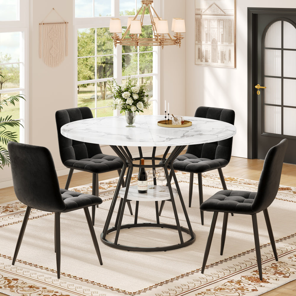 Ronde eettafel – Ronde tafel – Keukentafel – Ontbijttafel – Uitschuifbare tafel – 100x100x76 cm – Marmerlook tafelblad met metalen poten – Opbergruimte onder blad