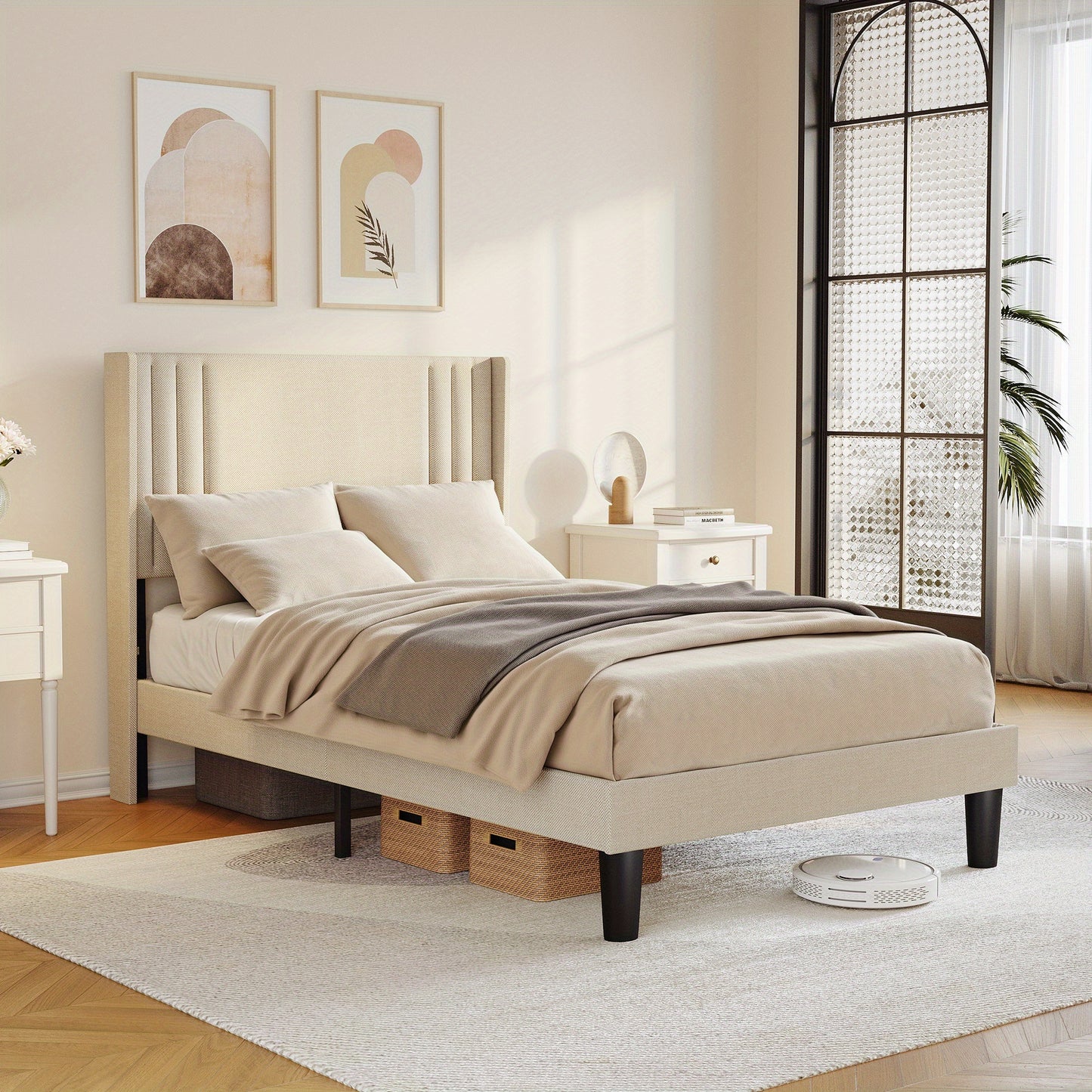 Upholstered Bed With Comfortable And Soft Backrest, Single Bed/Double Bed, Stable Bed Frame With Noise Free Design, Underbed Storage& Easy To Clean, Erfect For Any Bedroom, 90x200cm/120x200cm (Dark Grey, Beige)