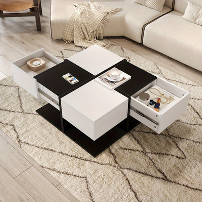 Salontafel – Koffietafel – Woonkamertafel – Bijzettafel – Tafeltje – Zwart-Wit Vierkant – 2 Lades – Afmeting 70x70x35,5 cm – Metaal – Modern Minimalistisch – Ruim Tafelblad – Eenvoudige Montage