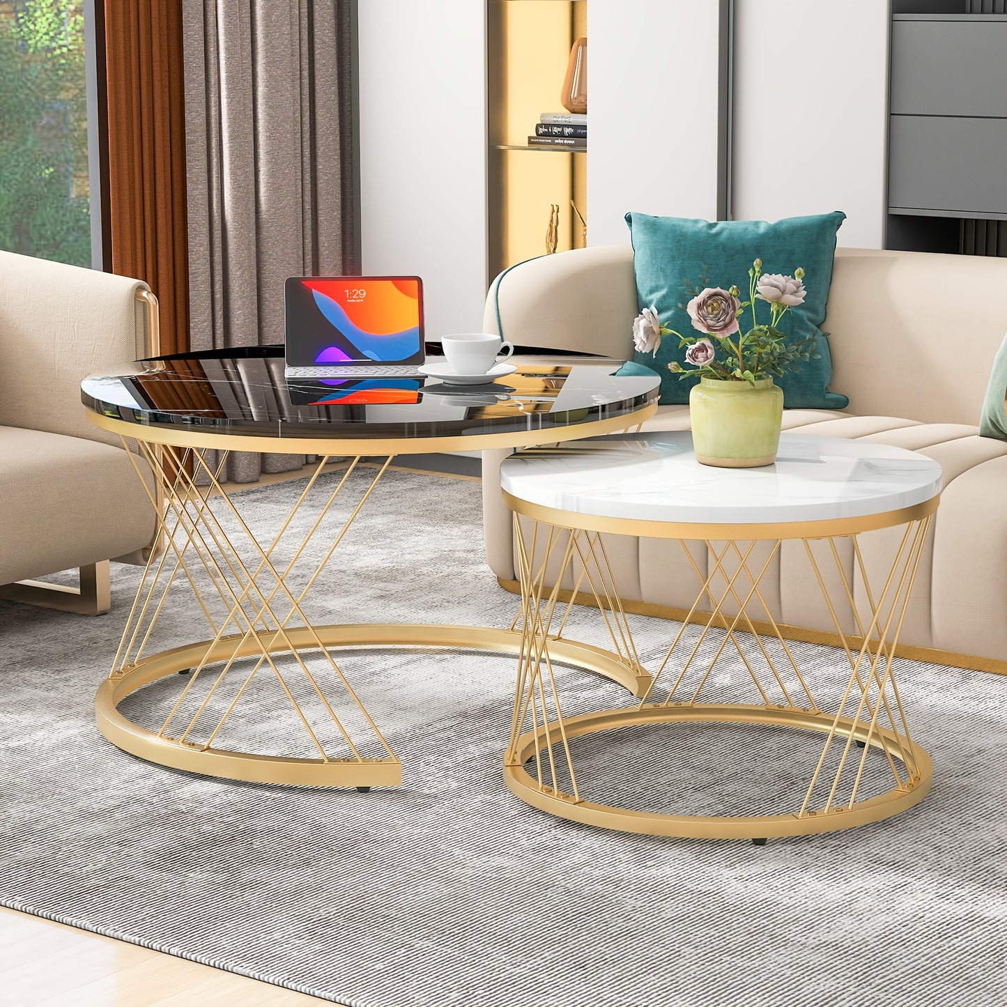 Salontafel – Bijzettafel – Koffietafel – Woonkamertafel – Nesting Set – Rond Marmerfineer – Gouden Metalen Frame – Ruimtebesparend Design – Eenvoudige Montage