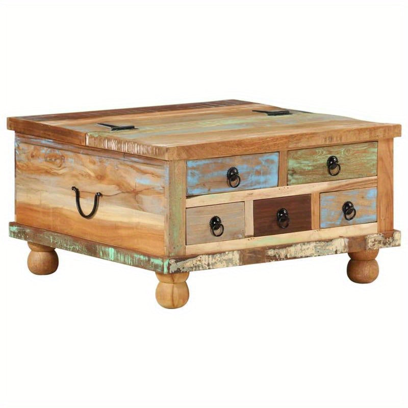 Salontafel – Koffietafel – Bijzettafel – Woonkamertafel – Tafel – Mid-Century Modern – Turquoise Blauw & Natuurlijk Hout – Compact 70x70x38 cm – Solide Houtconstructie met 4 Poten en Lades