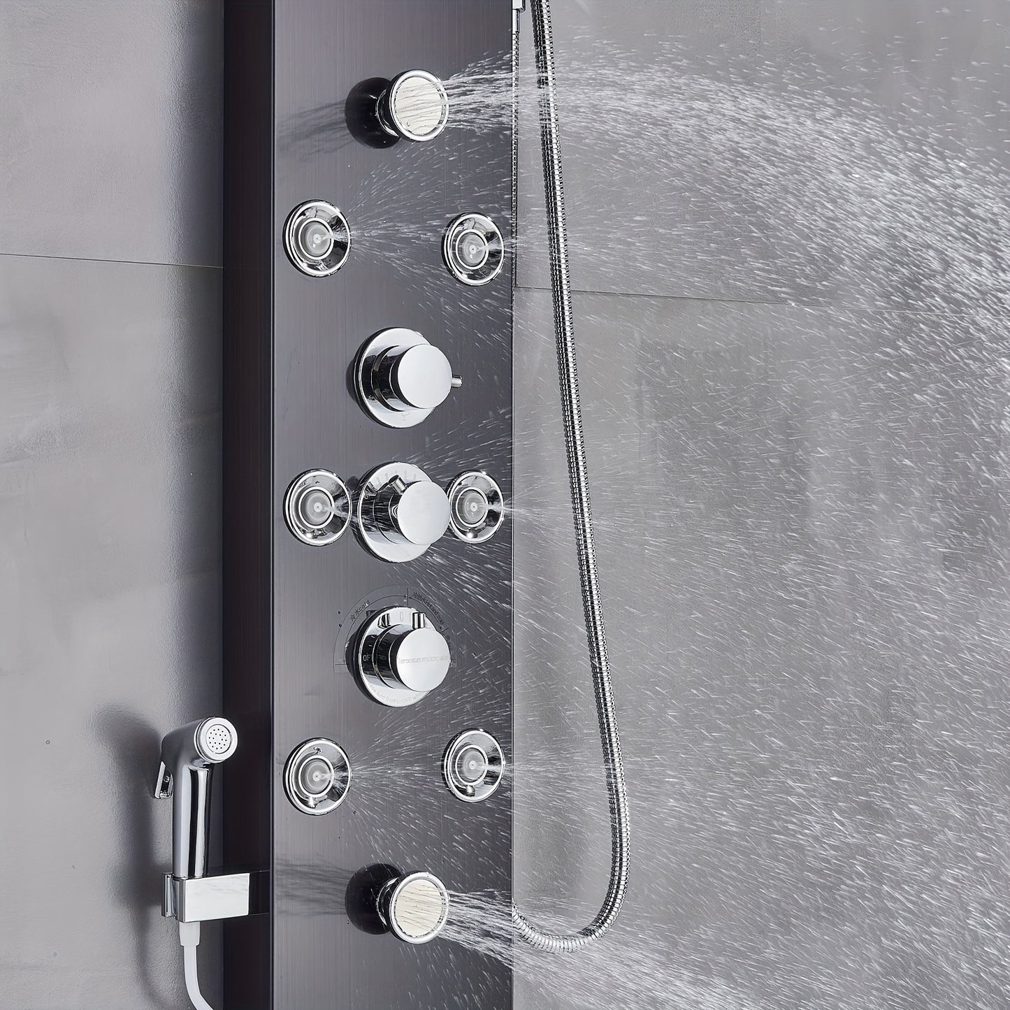 1 Set Modern Black Stainless Steel Shower Panel Tower System - 5-in-1 Rainfall Shower Head with Massage Jets, Wall-Mounted Bath Spout & Adjustable Massage Settings, Contemporary Bathroom Fixture for Spa-Like Experience (No Ba