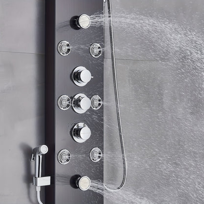 1 Set Modern Black Stainless Steel Shower Panel Tower System - 5-in-1 Rainfall Shower Head with Massage Jets, Wall-Mounted Bath Spout & Adjustable Massage Settings, Contemporary Bathroom Fixture for Spa-Like Experience (No Ba