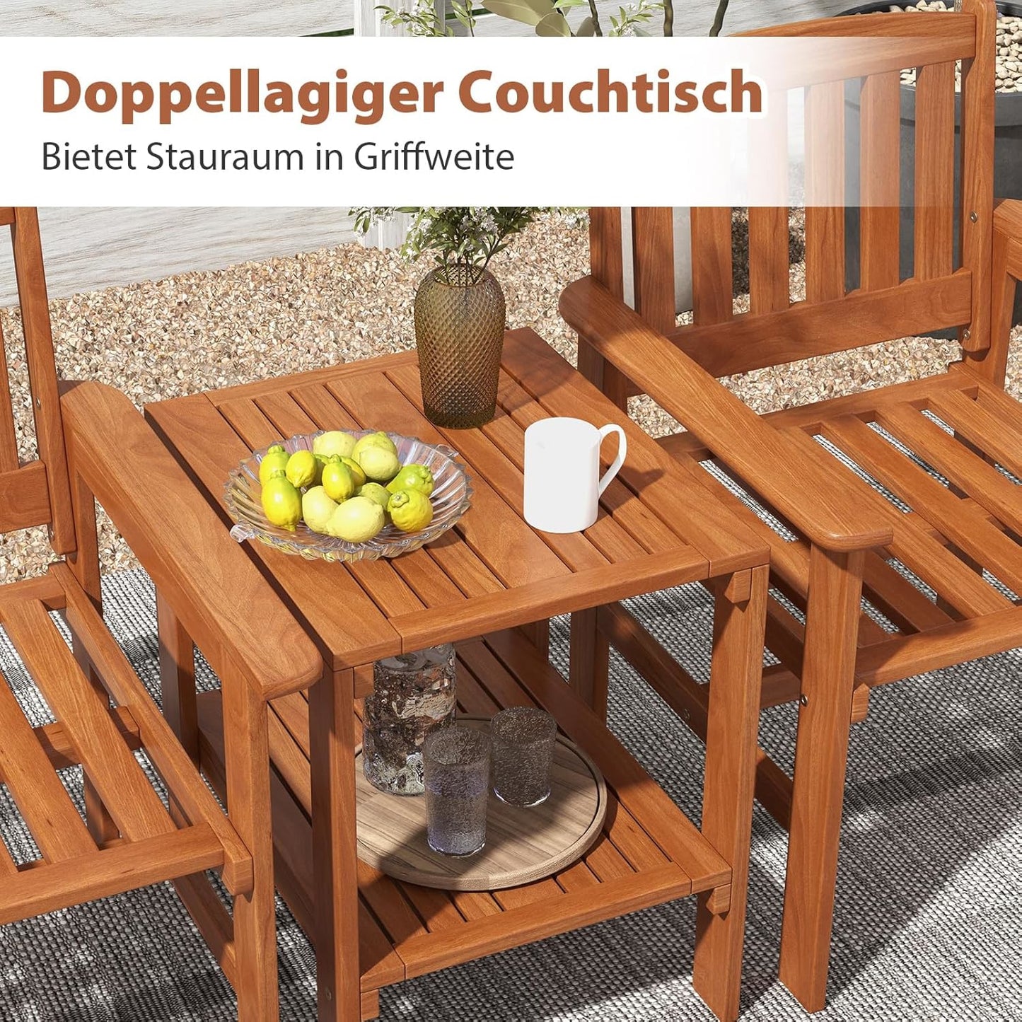 3-delig Bistro Set – Tuinset – Balkonset – Bistrotafel Met Stoelen – Buitenterras Meubel – Stevig Houten Frame – Tafel Met Parasolhouder En Opbergruimte