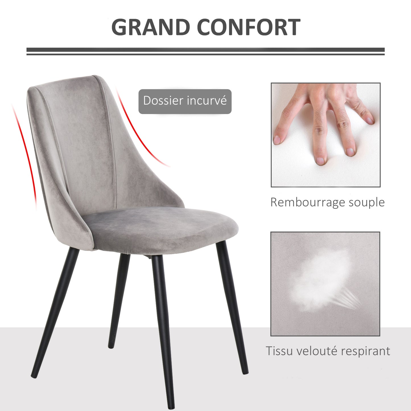 Eetkamerstoel – Keukenstoel – Stoel Met Rugleuning – Zitstoel – Veloursstoel – Grijs – Ergonomisch Design – Stabiel Metalen Frame