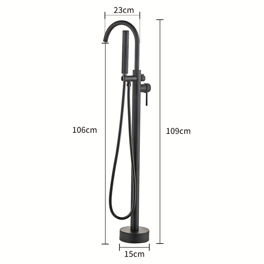 Vrijstaande Badkraan – Vrijstaand Badmengkraan – Badmengkraan Met Handdouche – Vloerkraan – Waterval Badkraan – Matte Zwarte Afwerking – Messing – 110 cm