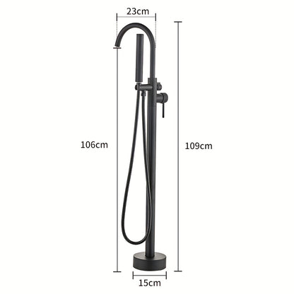 Vrijstaande Badkraan – Vrijstaand Badmengkraan – Badmengkraan Met Handdouche – Vloerkraan – Waterval Badkraan – Matte Zwarte Afwerking – Messing – 110 cm