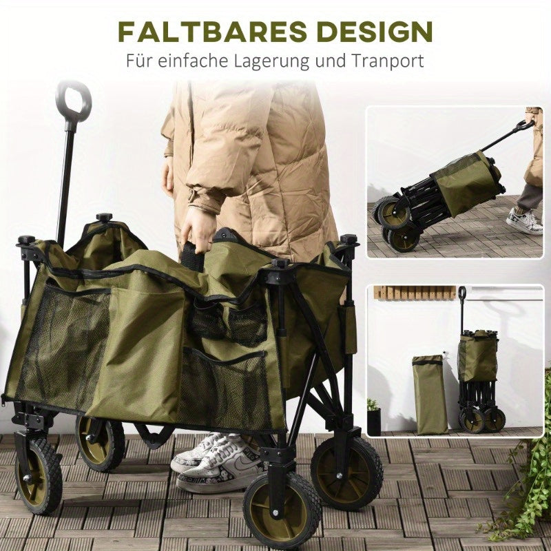 Bolderkar – Bolderwagen – Trekkar – Opvouwbare Transportkar – Strandkar – Opvouwbaar – Afneembare Kap – Verstelbare Handgreep – Kantelbaar Laadvlak – Stevig Stalen Frame – Grote All-Terrain Wielen – Groen 106,7x54,9x93 cm
