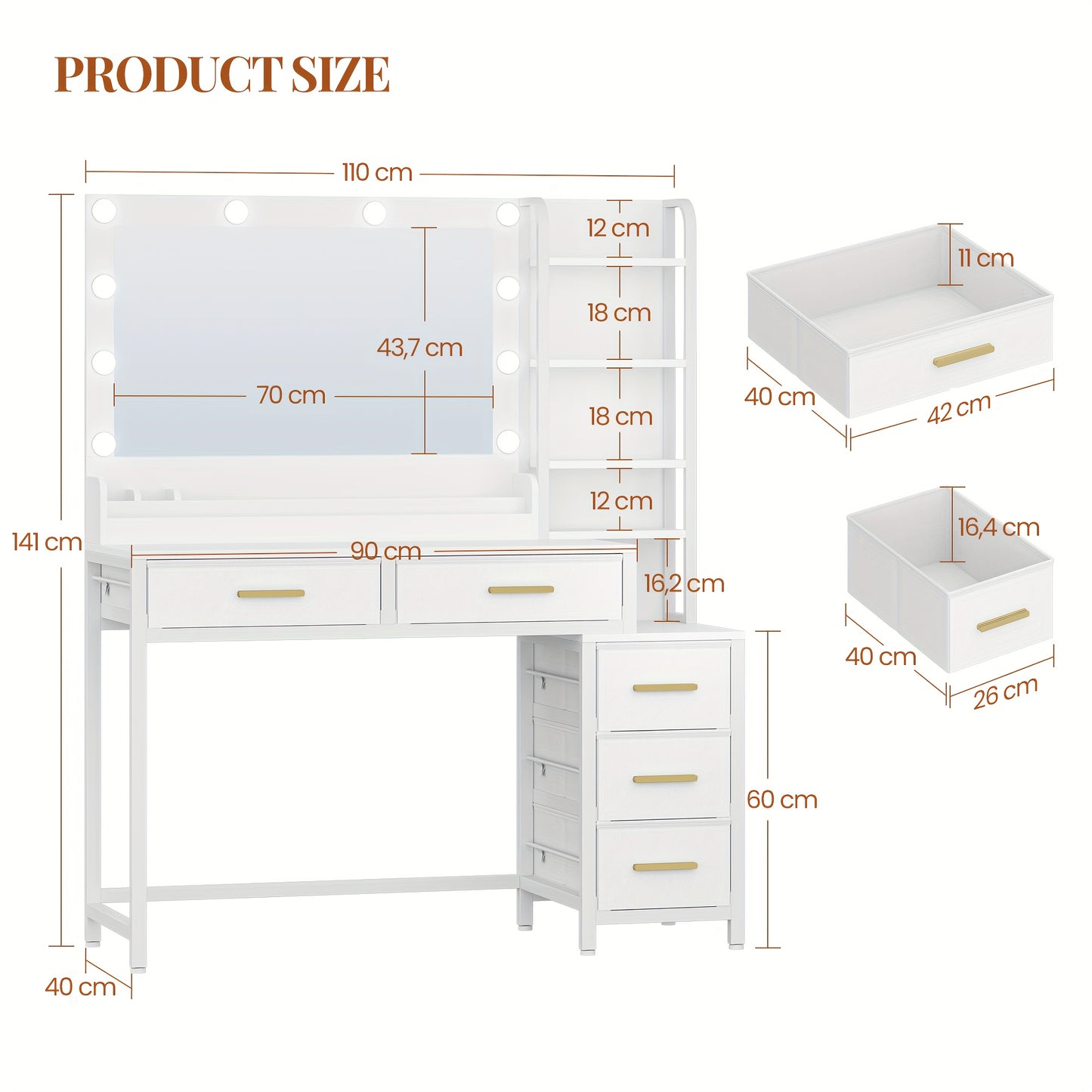 Kaptafel – Make-up Tafel – Dressing Table – Vanity Table – Toilet Tafel – Wit – Grote Spiegel – 5 Lades & 5 Open Vakken – Compact & Functioneel – 40x110x141 cm
