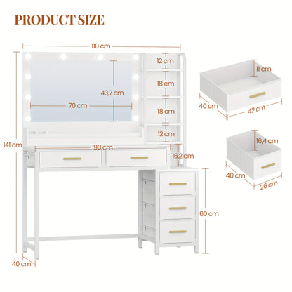 Kaptafel – Make-up Tafel – Dressing Table – Vanity Table – Toilet Tafel – Wit – Grote Spiegel – 5 Lades & 5 Open Vakken – Compact & Functioneel – 40x110x141 cm