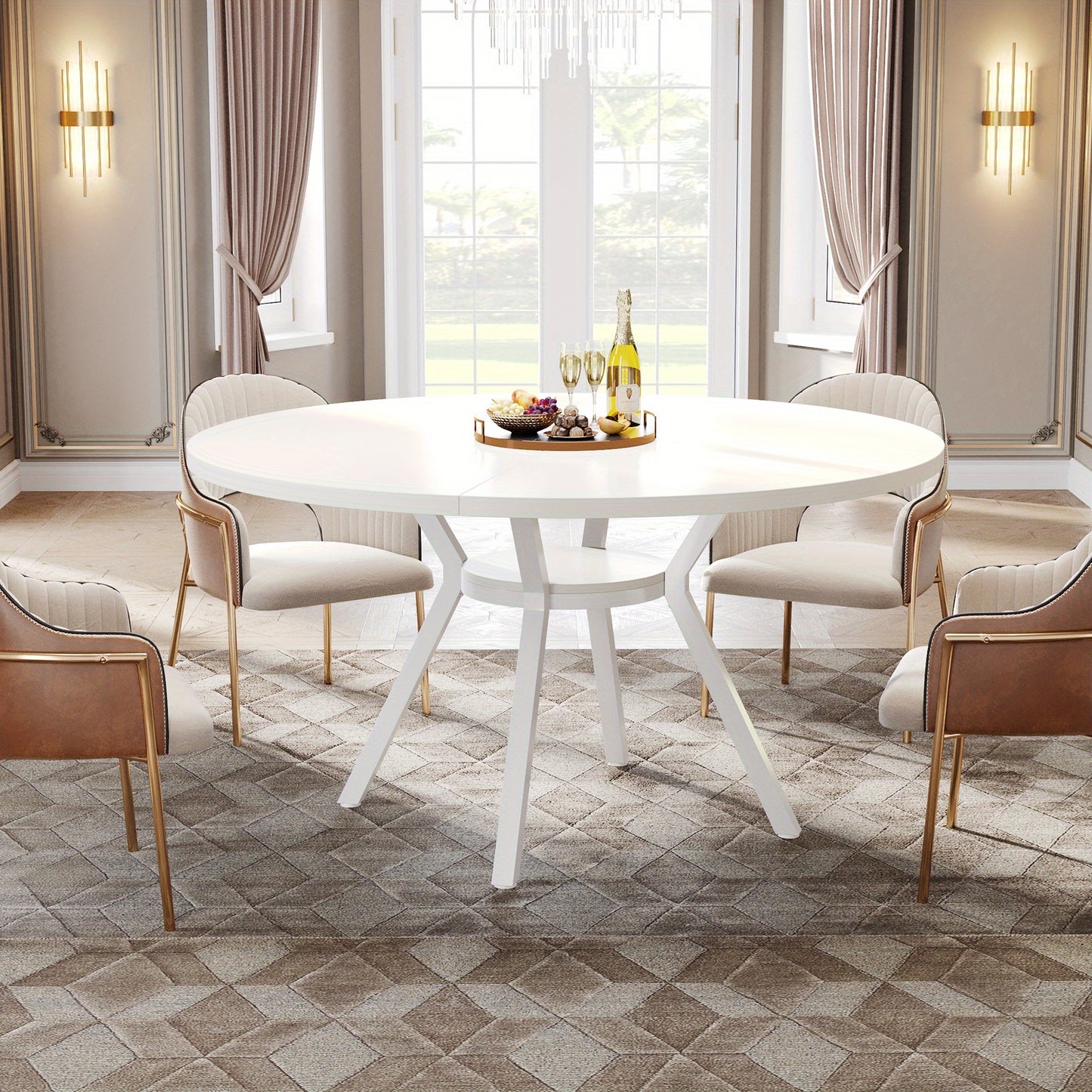 Eettafel – Ronde Tafel – Keukentafel – Uitschuifbare Tafel – Compacte Tafel – Wit – 47 Inch Diameter – Geperst Hout & Spaanplaat