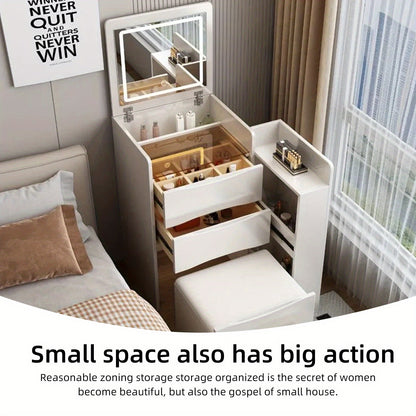 Kaptafel – Make-uptafel – Visagie Spiegel – Schminktafel – Toilettafel – Met 4 Lades en Zijkast – Compacte Eikenhouten Set Wit