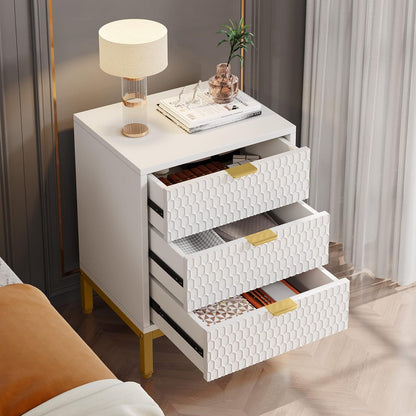 Nachtkastje – Bijzettafel – Bedside Table – Opbergkast – Nachtkast – Wit Gouden Afwerking – 3 Lades – E1 Spaanplaat Met Metaal