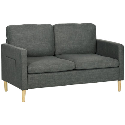 Bankstel – 2-Zitsbank – Zitbank – Sofa – Loveseat – Scandinavisch Design – Grijze Linnenlook Stof – Met Opbergvakjes Armleuningen – Massief Beukenhouten Poten