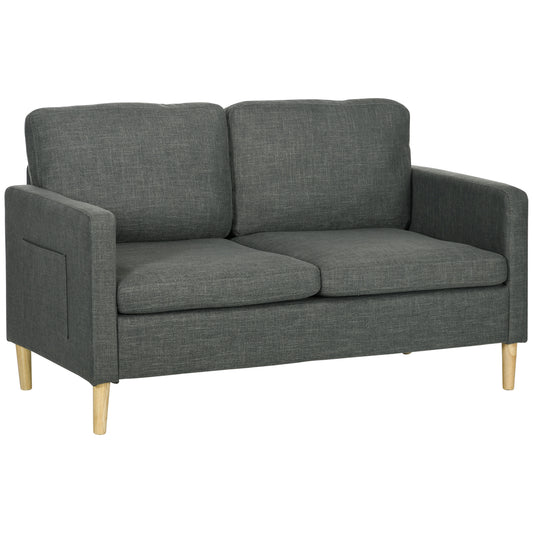 Bankstel – 2-Zitsbank – Zitbank – Sofa – Loveseat – Scandinavisch Design – Grijze Linnenlook Stof – Met Opbergvakjes Armleuningen – Massief Beukenhouten Poten