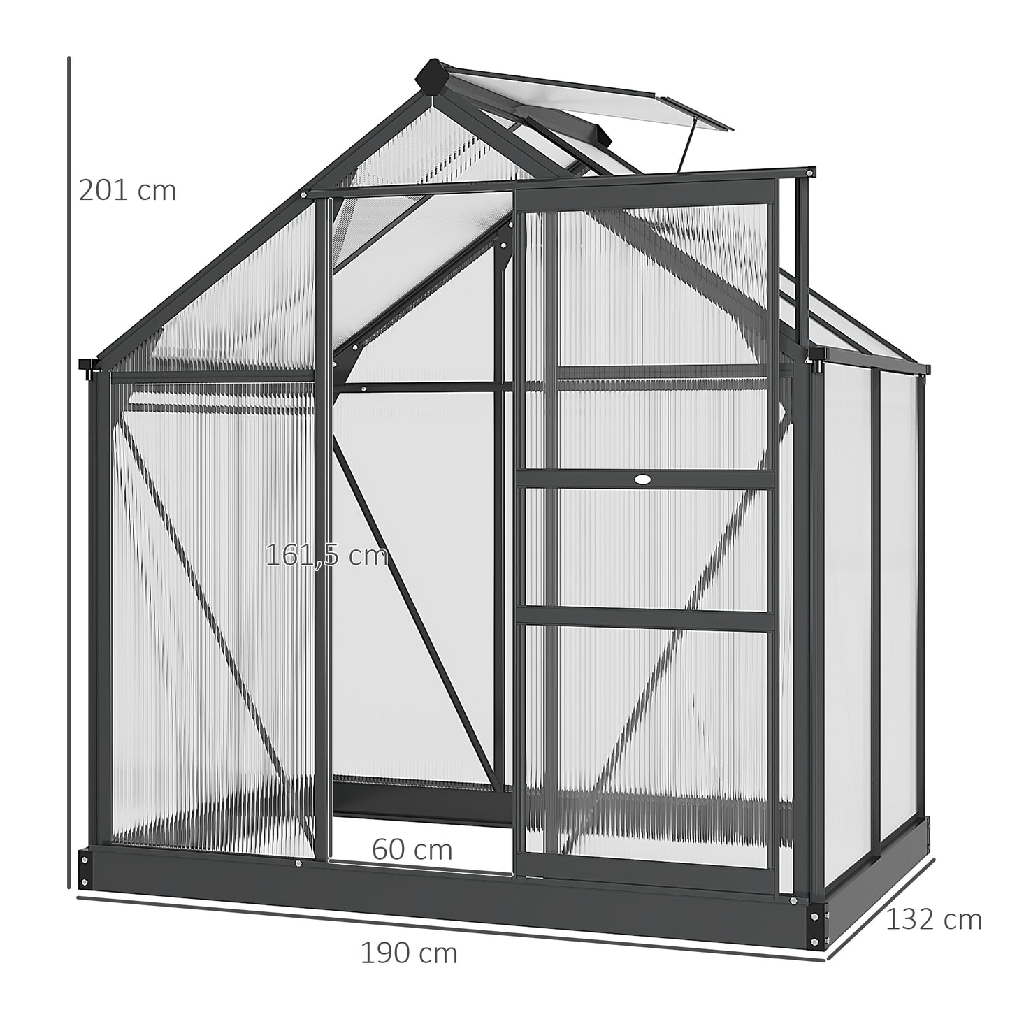 Polycarbonaat Kas – Tuinkas – Serre – Groentekas – Kweekkas – Aluminium Frame – Dubbelwandig Polycarbonaat – 2,51 m² – UV-Bestendig – Versterkte Basis – Schuifdeur – Goot – Grijs
