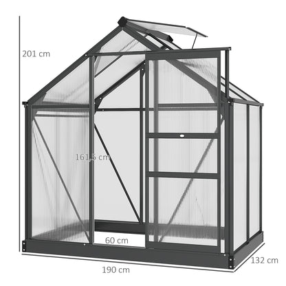 Polycarbonaat Kas – Tuinkas – Serre – Groentekas – Kweekkas – Aluminium Frame – Dubbelwandig Polycarbonaat – 2,51 m² – UV-Bestendig – Versterkte Basis – Schuifdeur – Goot – Grijs