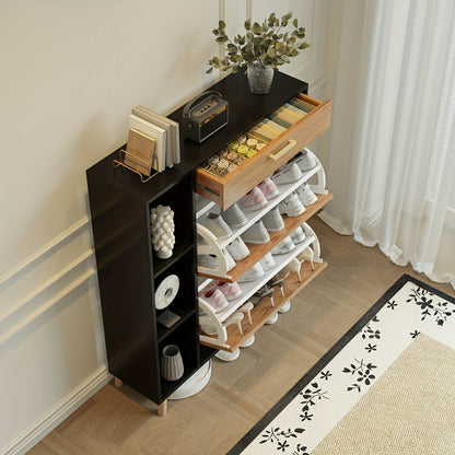 Schoenenkast – Schoenenrek – Schoenopberger – Halmeubel – Opbergkast – Smal Design – Zwart Hardhout – Uittrekbare Lade – Voor Circa 12-15 Paar Schoenen