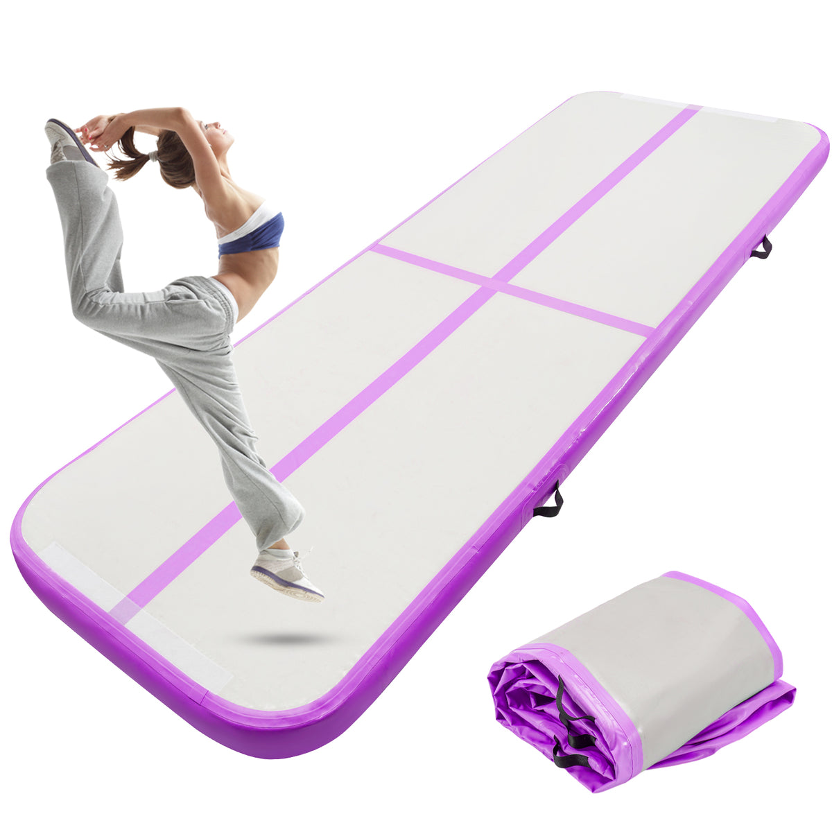 10FT PVC Air Mat | 3m×1m×10cm Inflatable Tumbling Gymnastics Mat for Yoga Training, Solid Color in, Purple, Fluorescent Green - Youyijia
