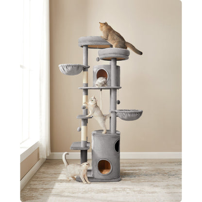 Krabpaal – Kattenboom – Kattenhuis – Krabmeubel – Kattenmand – Extra Groot 196 cm – 5 Sisal Krabpalen & Anti-Kantel Systeem - Lichtgrijs