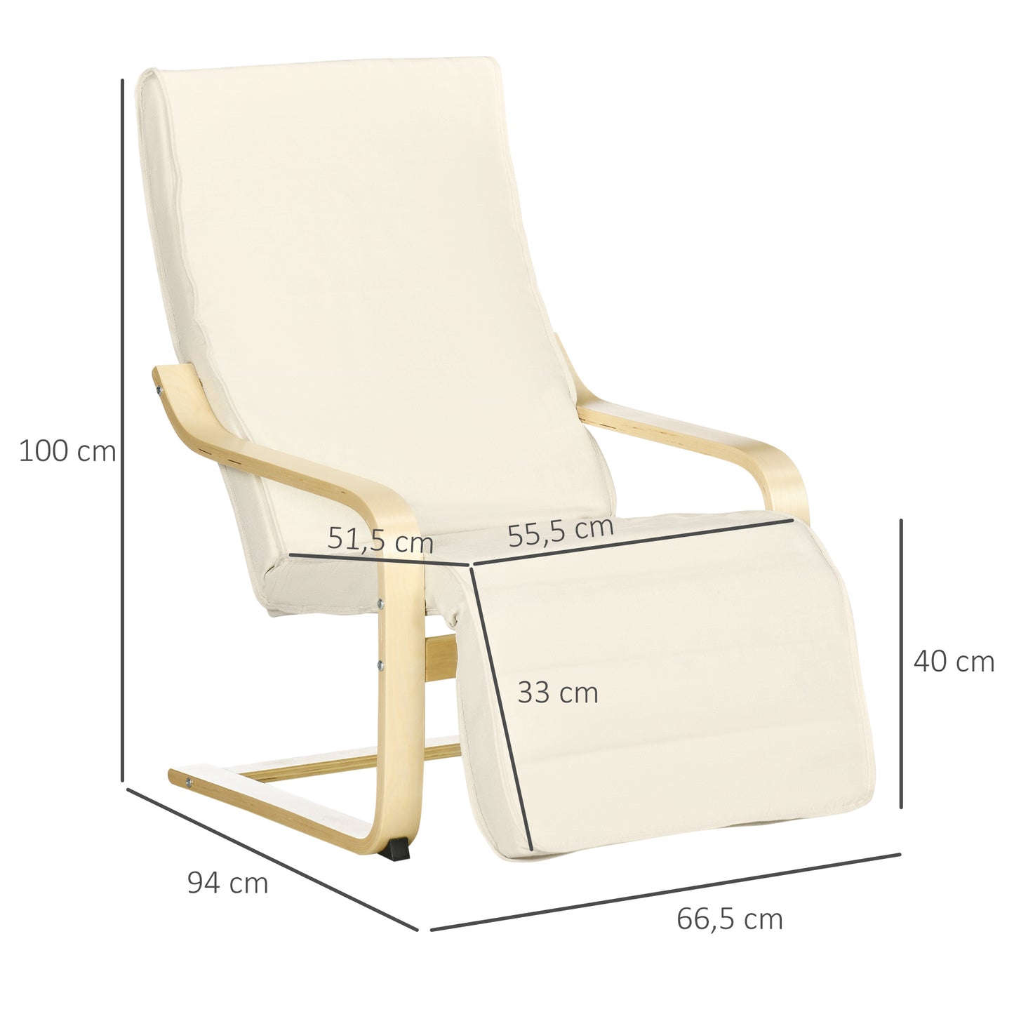 Relaxstoel – Fauteuil – Loungestoel – Zitstoel – Armstoel – Verstelbare Voetensteun – Ergonomisch Ontwerp – Solide Hout – Crèmekleur – Hoogwaardig Schuim