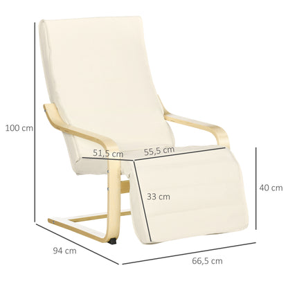 Relaxstoel – Fauteuil – Loungestoel – Zitstoel – Armstoel – Verstelbare Voetensteun – Ergonomisch Ontwerp – Solide Hout – Crèmekleur – Hoogwaardig Schuim