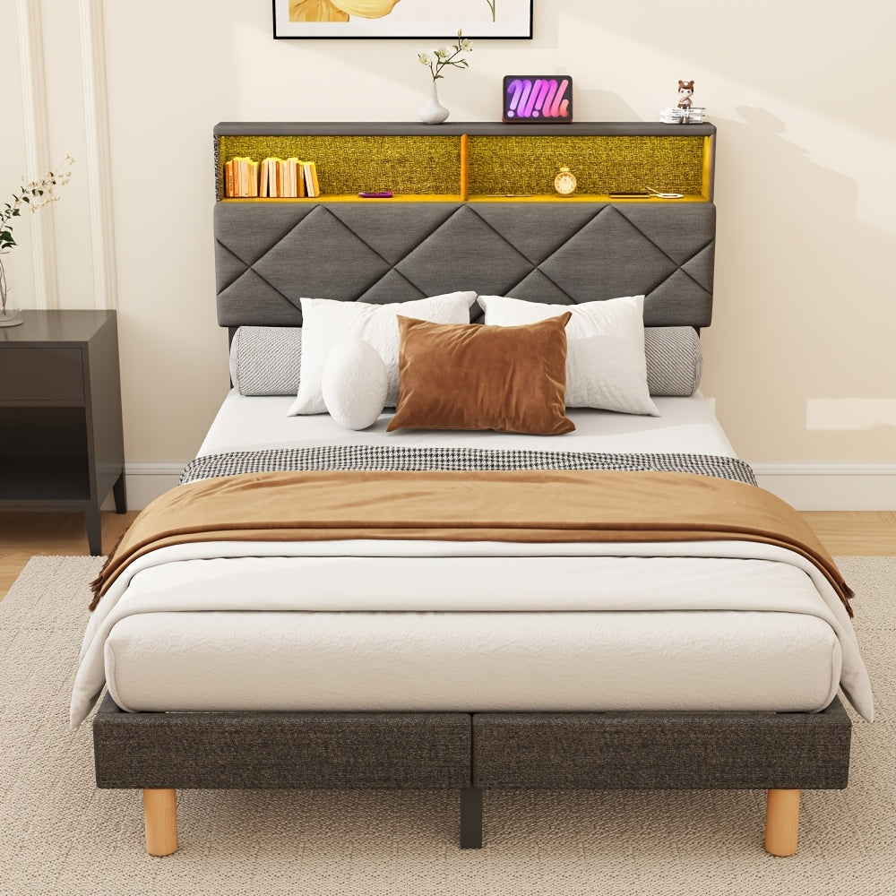 Bed – Slaapbed – Tweepersoonsbed – Polsterbed – Grijs Bed – 140x200 cm – Zacht Gepolsterd Hoofdbord – Stevige Houten Lattenbodem